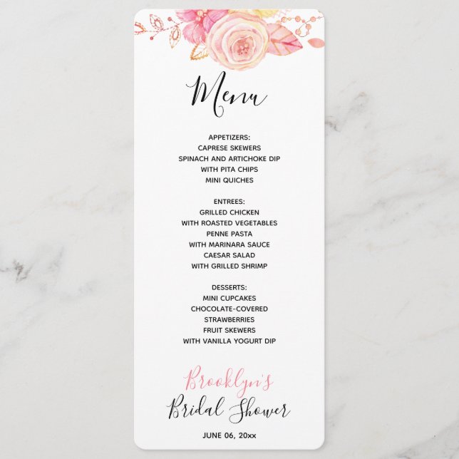 Floral Pink Bridal Shower Menu Card (Front)