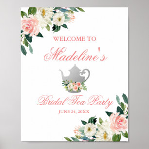 Floral Pink Bridal Shower Tea Party Silver Welcome Poster