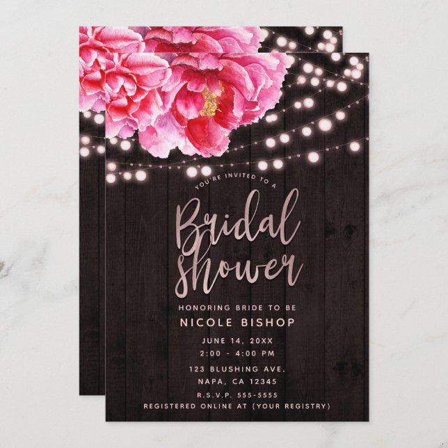 Floral Pink Brown Rustic Wood Lights Bridal Shower Invitation (Front/Back)