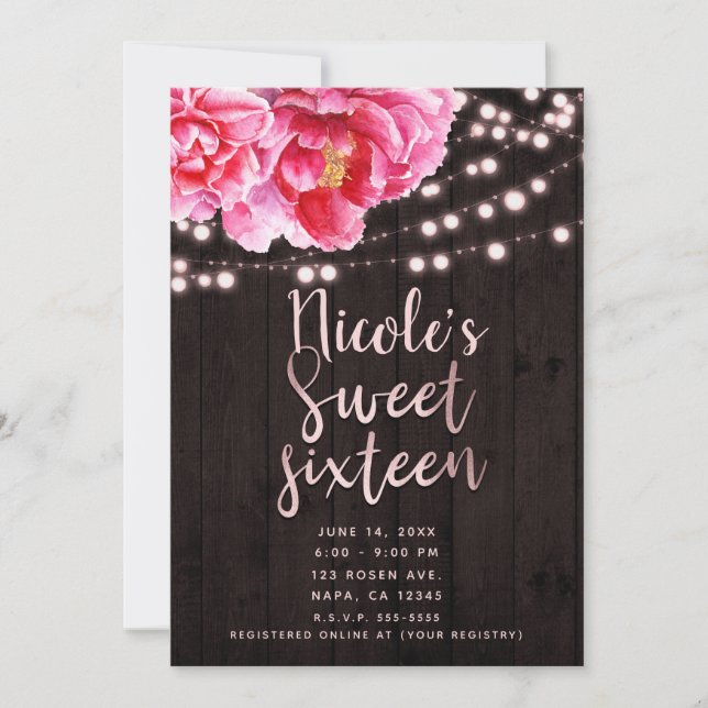 Floral Pink Brown Rustic Wood & Lights Sweet 16 Invitation (Front)