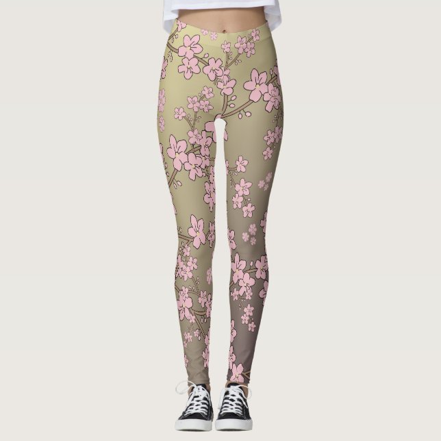 floral pink brown sakura flowers  leggings (Front)