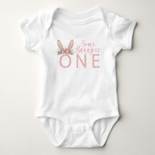Floral Pink Bunny First Birthday Bodysuit