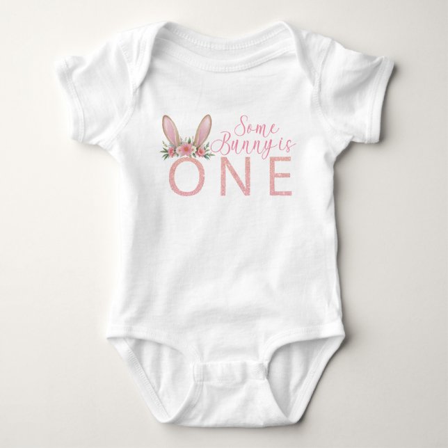 Floral Pink Bunny First Birthday Bodysuit (Front)