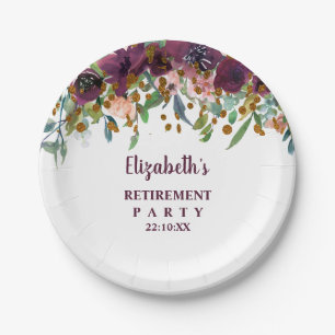 Floral Pink, Burgundy and Glitter Retirement Party Paper Plate