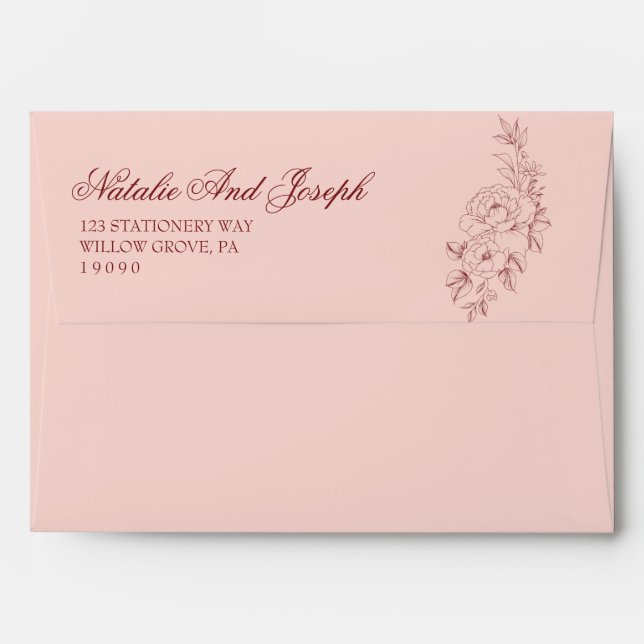 Floral Pink Burgundy Boho Botanical Modern Wedding Envelope (Back (Top Flap))