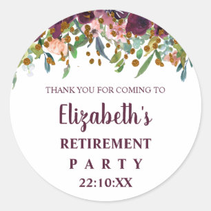 Floral Pink , Burgundy Retirement Party Thank You Classic Round Sticker