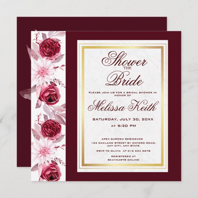Floral Pink Burgundy Script Bridal Shower Square Invitation (Front/Back)