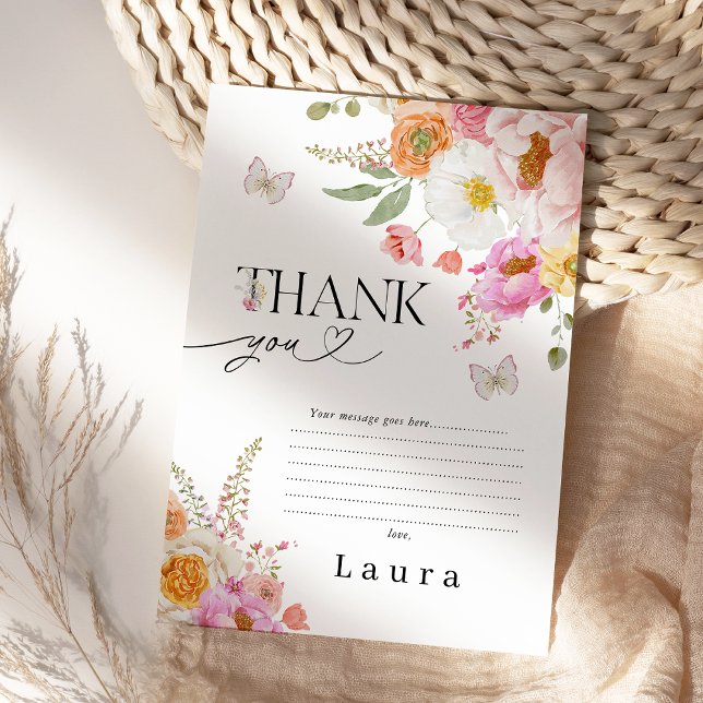 Floral Pink Butterflies Baby In Bloom Baby Shower Thank You Card (Baby in Bloom Baby Shower Favor Tag Girl, Modern Floral Baby Shower Tag, Floral Baby Shower Tags)