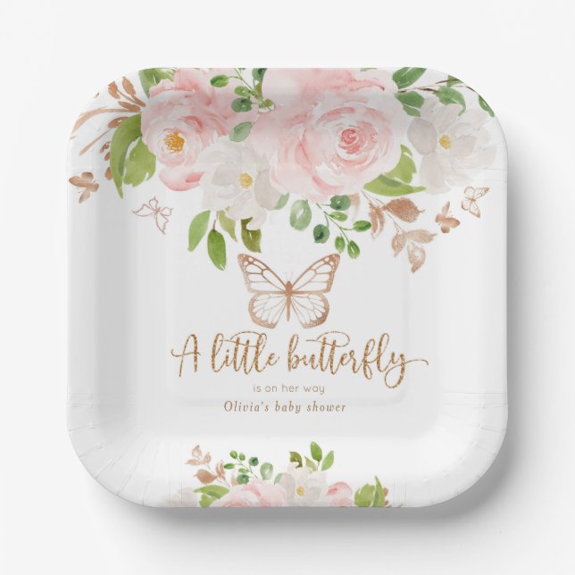 Floral pink butterfly baby shower paper plate (Front)