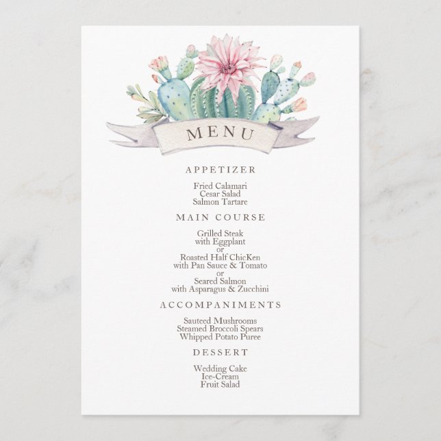 Floral pink cactus & succulent. Botanical wedding Menu (Front)