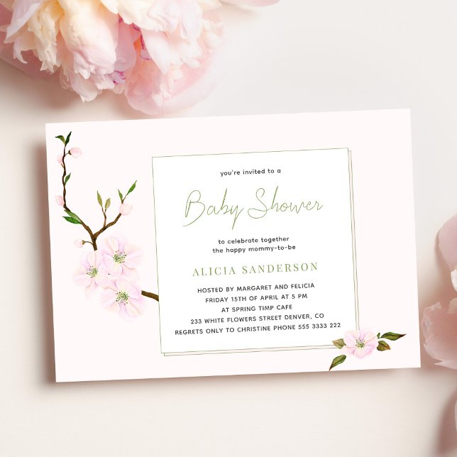Floral pink cherry blossom girl baby shower invitation (Creator Uploaded)