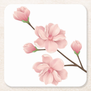 Floral Pink Cherry Blossoms Flower Wedding Party Square Paper Coaster