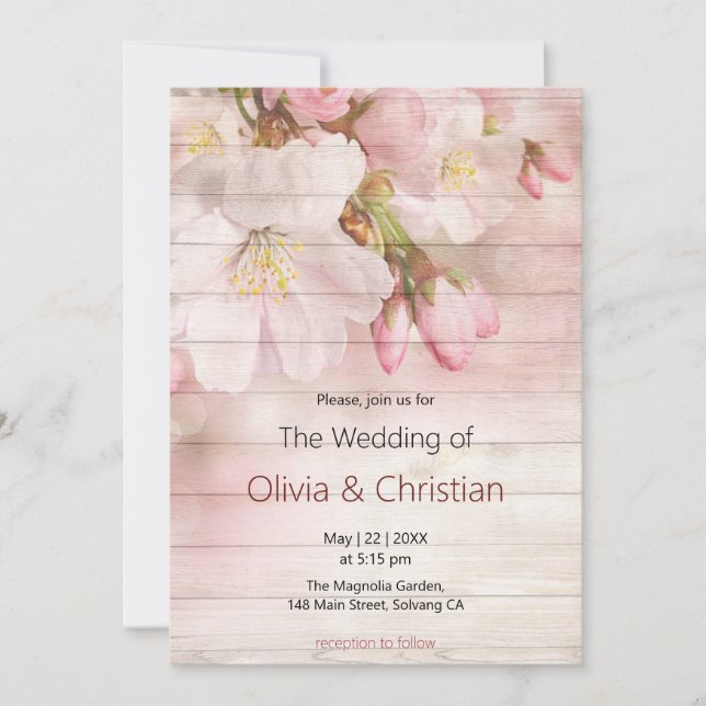 Floral Pink Cherry Blossoms On Wood Invitation (Front)