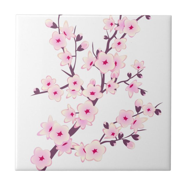Floral Pink Cherry Blossoms Pink White Tile (Front)