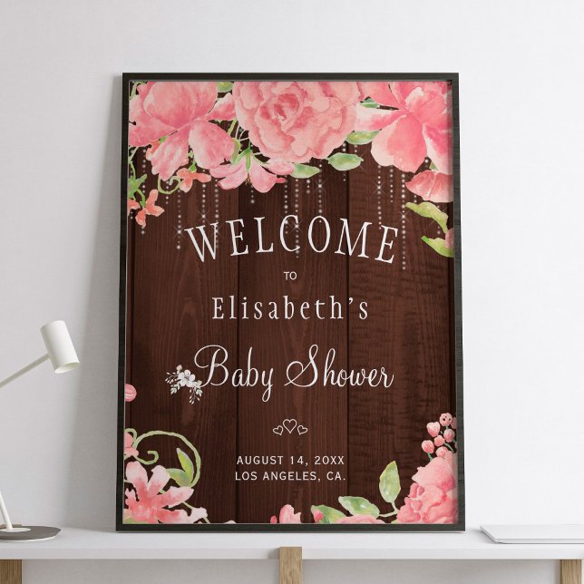 Floral pink chic rustic baby shower welcome sign (Creator Uploaded)