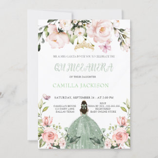Floral Pink Chic Sage Green Quinceanera Baby show Invitation