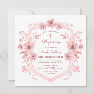 Floral Pink Crest Baptism Invitation