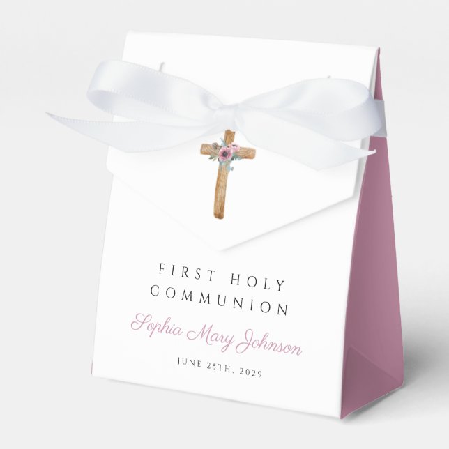 Floral Pink Cross Girl First Communion Favour Box (Front Side)