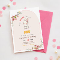 Floral Pink Cute Bunny Rabbit 1st Birthday