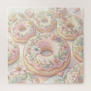 Floral Pink Doughnuts Pastel Illustration Jigsaw Puzzle
