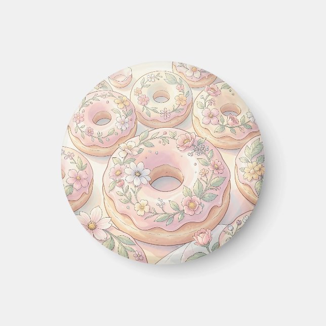 Floral Pink Doughnuts Pastel Illustration Magnet (Front)