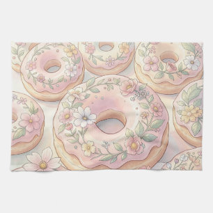Floral Pink Doughnuts Pastel Illustration Tea Towel