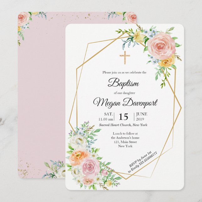 Floral pink elegant Baptism Religious event Invitation (Front/Back)
