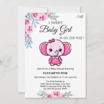 Floral Pink Elephant Baby Girl Shower Invitation