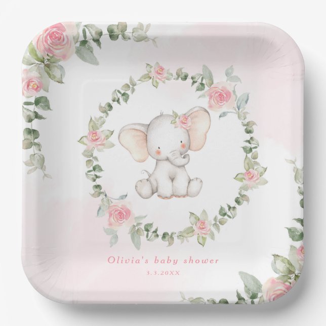 Floral pink elephant little peanut baby shower paper plate (Front)