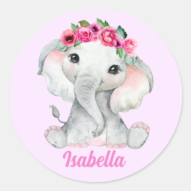 Floral Pink Elephant Personalised Name Classic Round Sticker (Front)