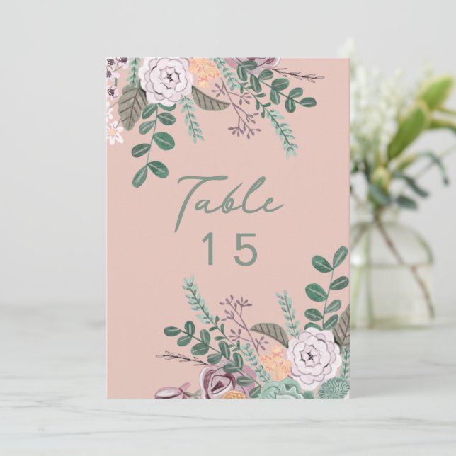 Floral pink eucalyptus wedding table number (Standing Front)
