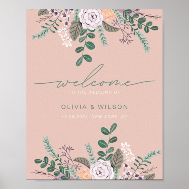 Floral pink eucalyptus wedding welcome poster (Front)