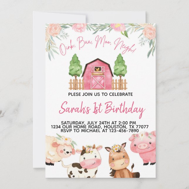 Floral Pink Farm Watercolor Invitation (Front)