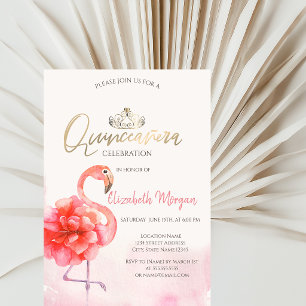 Floral Pink Flamingos Gold Tiara Quinceañera  Invitation