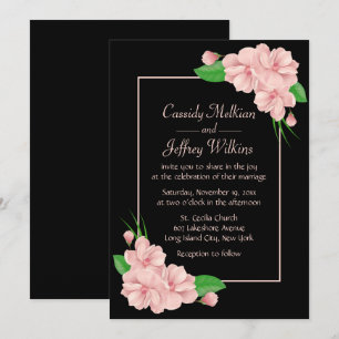Floral Pink Flowers Black Wedding Invitation