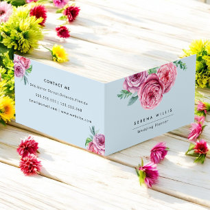 Floral Pink Flowers Blue Elegant Business Card