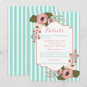 Floral Pink Flowers Directions Mint Green Stripes Invitation