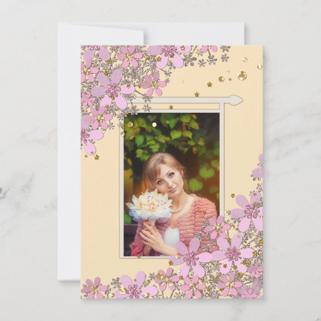 Floral pink flowers golden polka dots glitter shin invitation (Front)