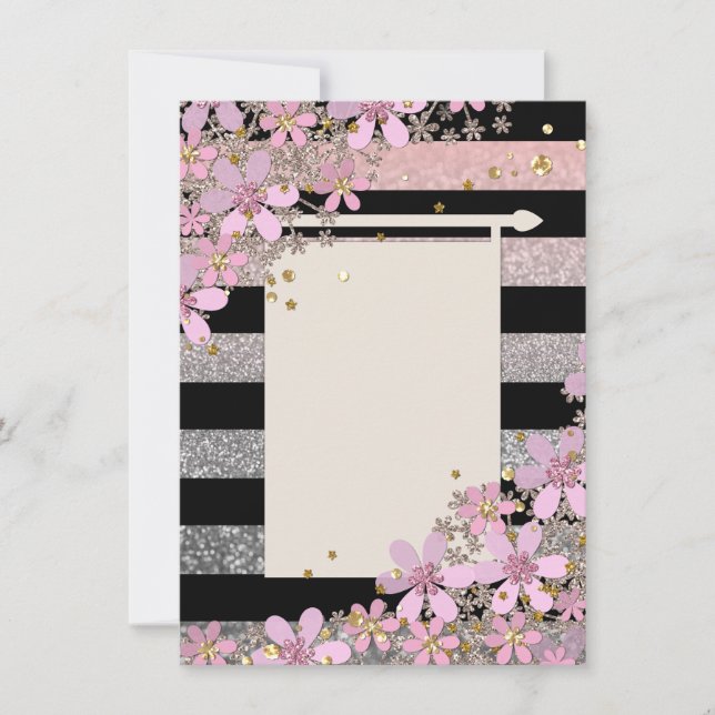 Floral pink flowers golden polka dots striped line invitation (Front)
