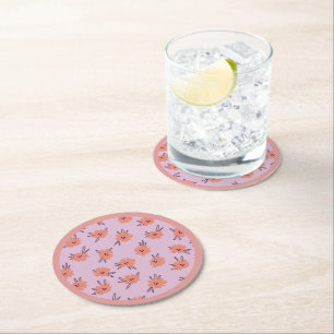 Floral Pink Flowers Repeating Pattern Cute Girly Round Paper Coaster