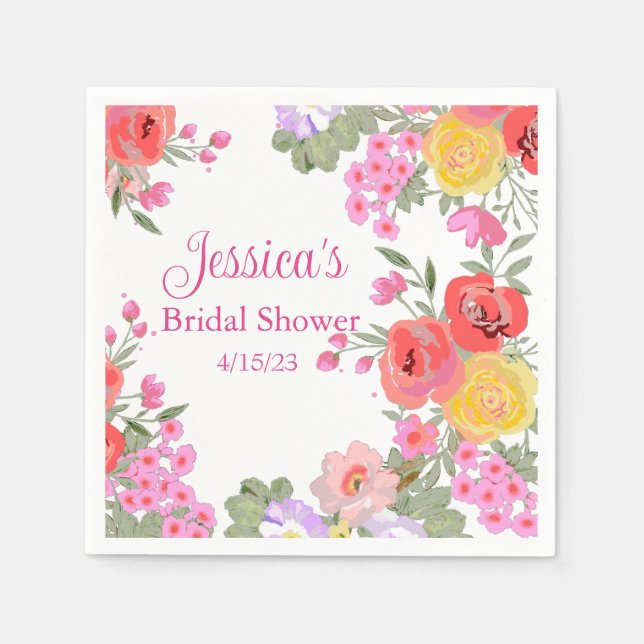 Floral Pink Garden Flowers Name Bridal Shower Napkin (Front)