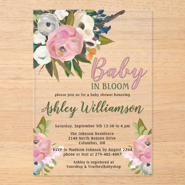 Floral Pink Girl Baby in Bloom Hand Painted  Acrylic Invitations (Front)