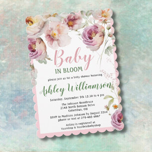 Floral Pink Girl Baby in Bloom Watercolor Holiday Card
