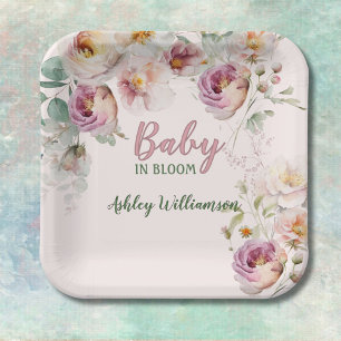 Floral Pink Girl Baby in Bloom Watercolor Paper Plate