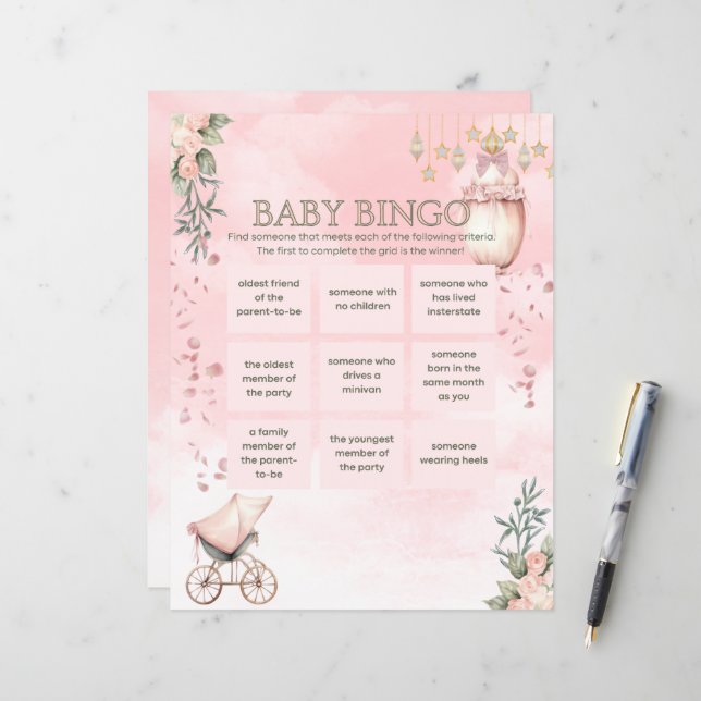 Floral Pink Girl Baby Shower Bingo Game (Front/Back In Situ)