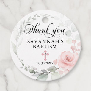 Floral Pink Girl Christening Baptism Thank You Favour Tags