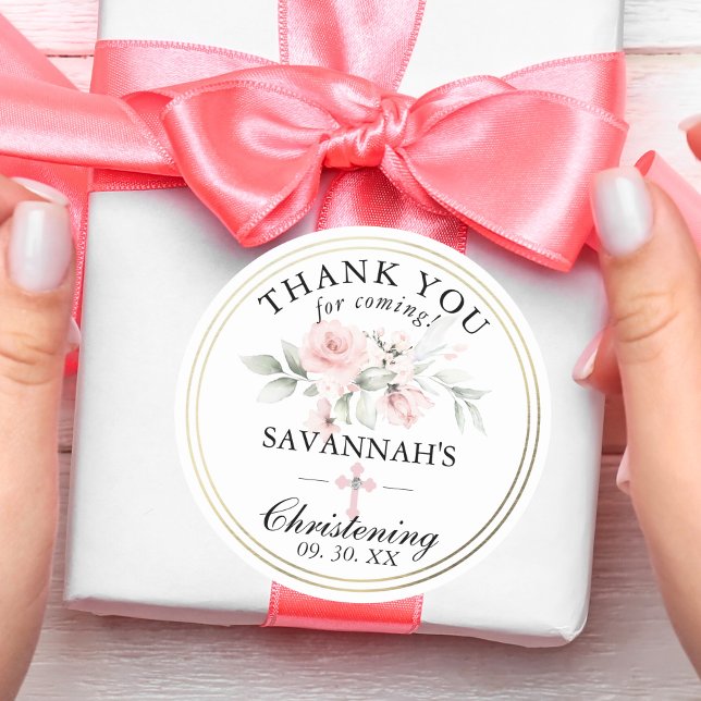 Floral Pink Girl Christening Thank You Classic Round Sticker (Floral Pink Girl Christening / Baptism Thank You Classic Round Sticker for gifts, favors, bags, etc.)