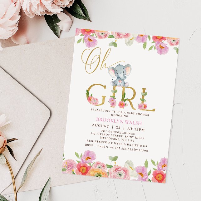Floral Pink Girls Oh Baby Elephant Baby Shower Inv Invitation (Oh Girl Elephant Baby Shower Invitation Template, Girl Elephant Baby Shower Invitation Card Floral)