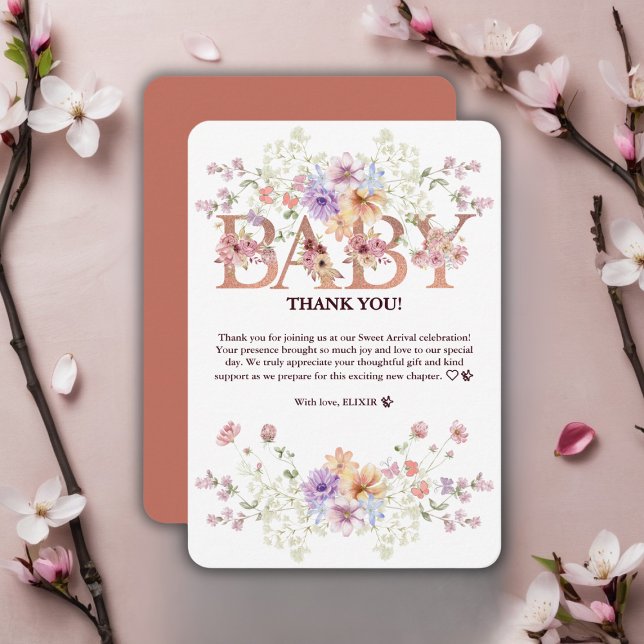 Floral Pink Glitters Baby Monogram Baby Shower Thank You Card (Creator Uploaded)