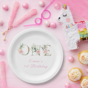 Floral Pink Gold 1st Birthday Paper Plate